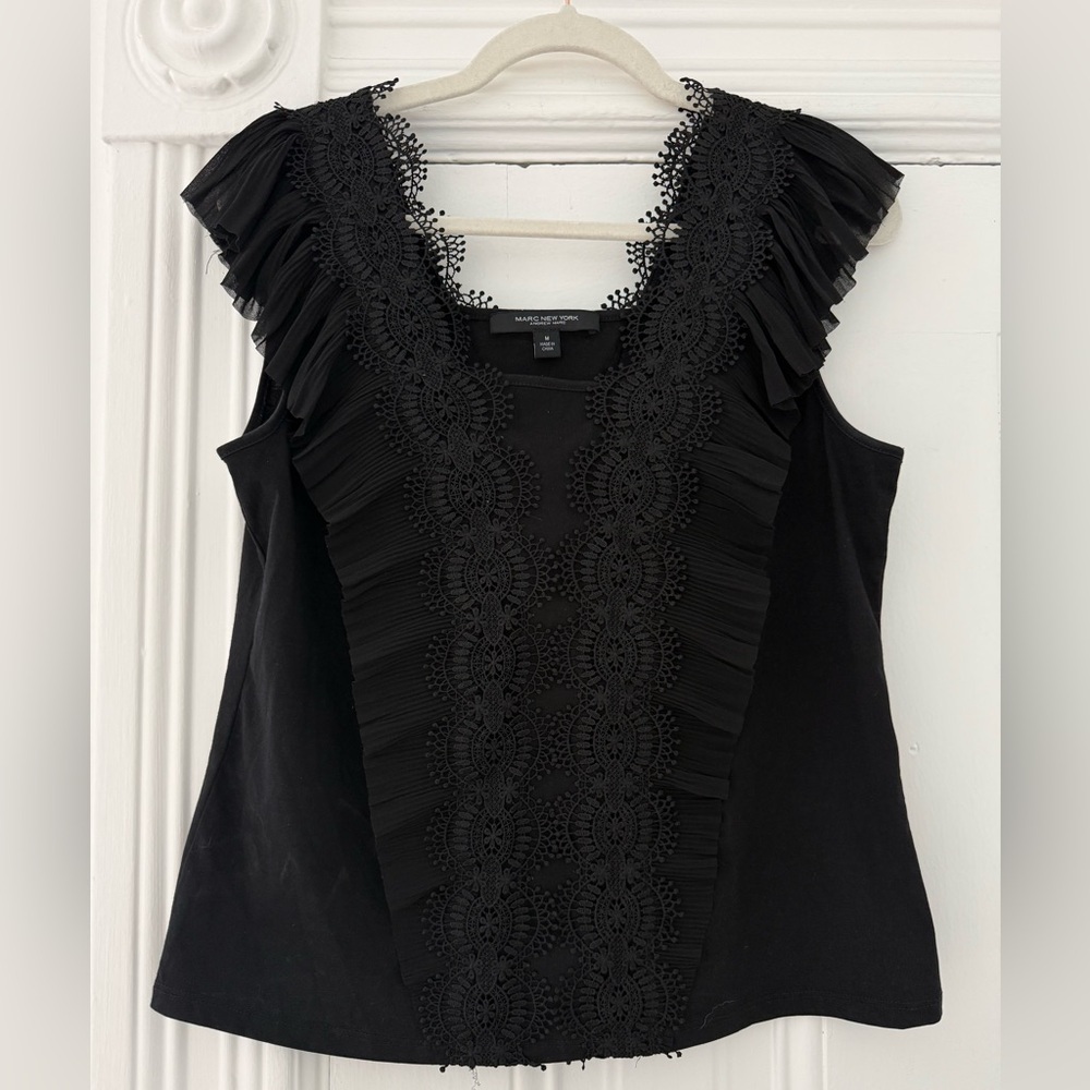 Marc New York Black Lace-Trim Ruffle Tank